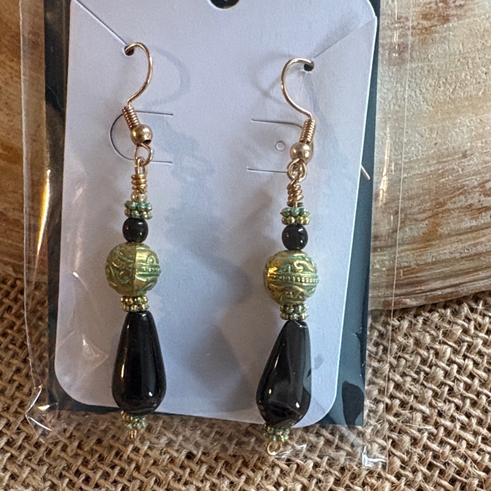Chic Black and Green Beaded Earrings